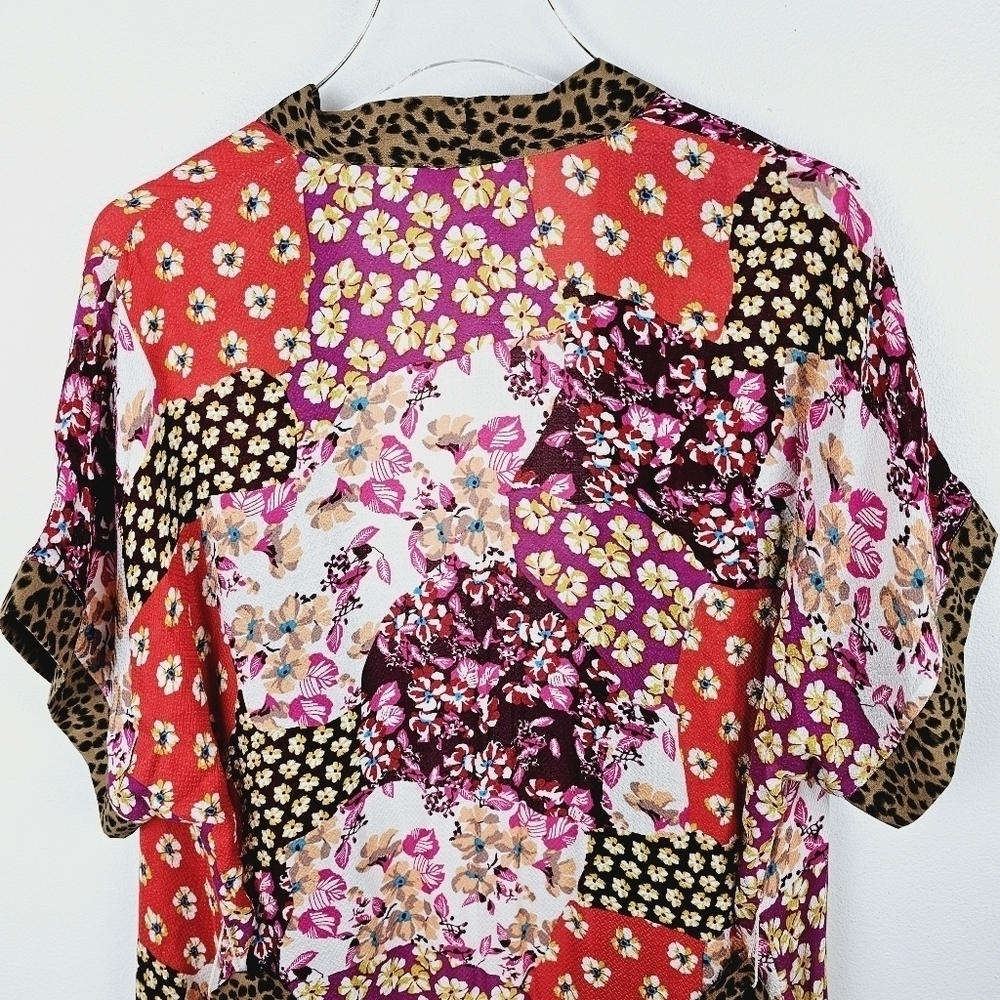 Oddy Mixed Media Patchwork Floral Leopard Print Fringe Kimono, size S/M - Picture 5 of 12